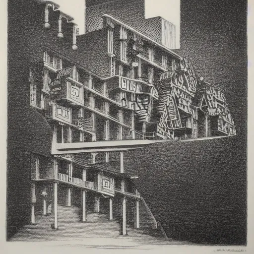 Prompt: lithograph, etching by m. c. escher