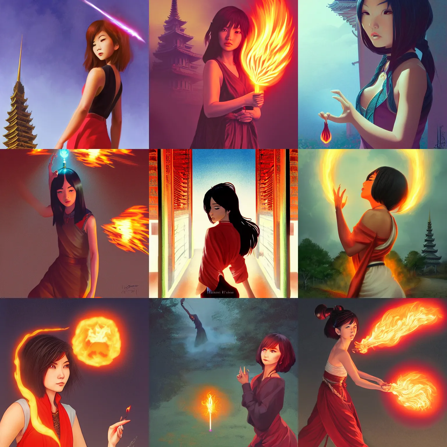 Prompt: female portrait, hapa sorceress casting a fireball in front of a pagoda, by Ilya Kuvshinov