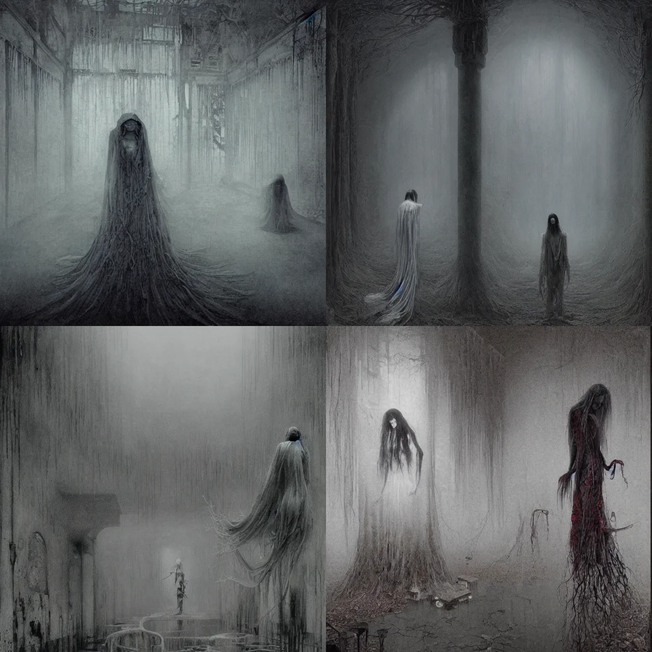 Prompt: yuki - onna haunting an abandoned asylum by zdislaw beksinski, heavy fog, vibrant and creepy atmosphere, bones cover the floor, style of takato yamamoto and vania zouravliov