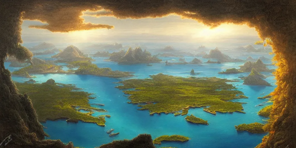 Image similar to a beautiful painting of a A paradisiacal landscape of a sea lagoon surrounded by islands and city built on water, rays of light illuminating the water by John Howe, Trending on Artstation, Landscape vista