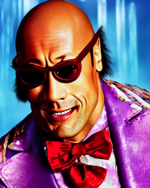 Image similar to Film still close-up shot of Dwayne Johnson as Willy Wonka from the movie Willy Wonka & The Chocolate Factory. Photographic, photography