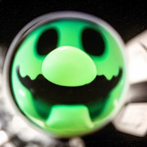 Image similar to super Mario face closeup fisheye lens, night vision,4k,photograph,scary