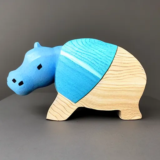 Image similar to a beautiful minimalist curvy shaped small sculpture of hippopotamus hippo baby, wood and blue epoxy, cubic blocks mix stripes cuts, detailed, fine, gorgeous