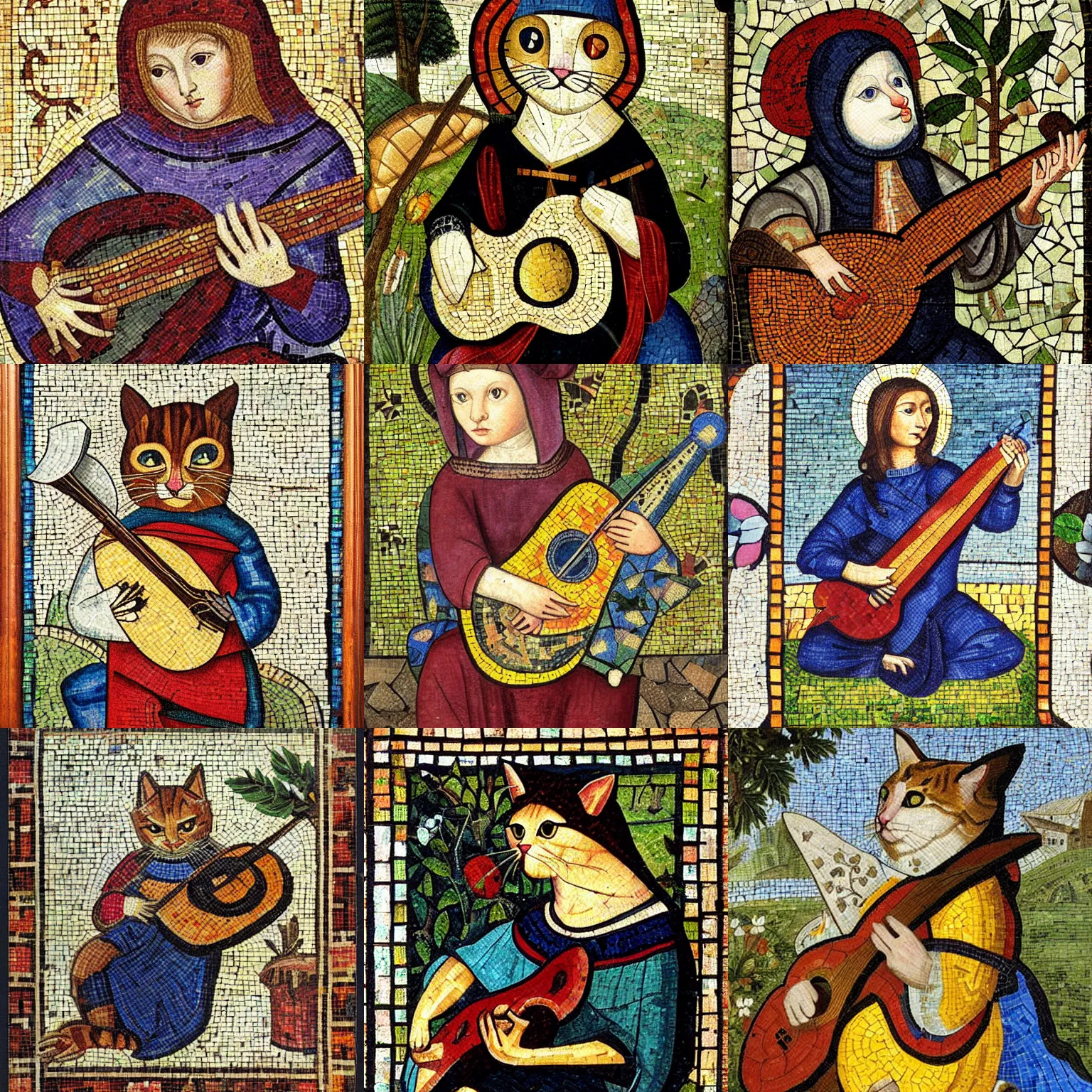 Prompt: cat playing lute in the garden, medieval portrait, mosaic, colorful