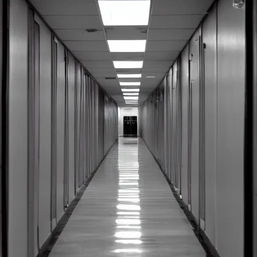 Image similar to a lonely school hallway, with some windows and lockers on the sides, at midnight, liminal space, grainy footage, fluorescent lights,