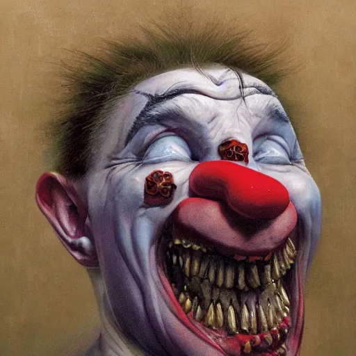 Image similar to vladimir putin, drunk jester, drunk circus performance, unga bunga, wearing clown nose, horror teeth, fantasy 3 d render, masterpiece, by donato giancola and greg rutkowski and wayne barlow and zdzisław beksinski, realistic face