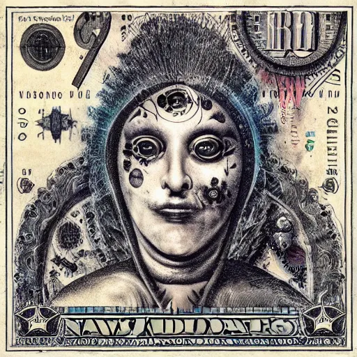 Image similar to post - punk new age album cover, asymmetrical design, dollar bank notes, capitalism, magic, apocalypse, psychedelic, black white pink, magic, giger h. r., giuseppe arcimboldo