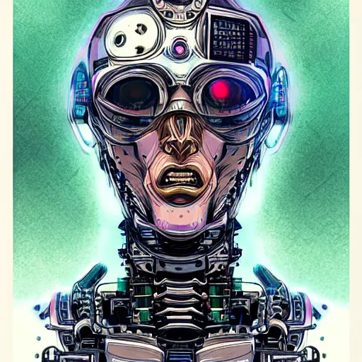 Image similar to detailed intricate color manga illustration of a renaissance Saint as an evil cyborg robot, cyberpunk, in space