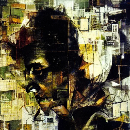 Image similar to a bird moving between urban informatics and computational social science, oil on canvas by dave mckean and yoji shinkawa