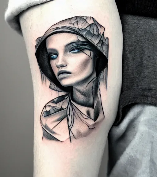 Image similar to tattoo design sketch of a beautiful blue - eyed woman face with a faded background of beautiful mountains and nature on her side, hyper - realistic, in the style of den yakovlev, amazing detail, black and white