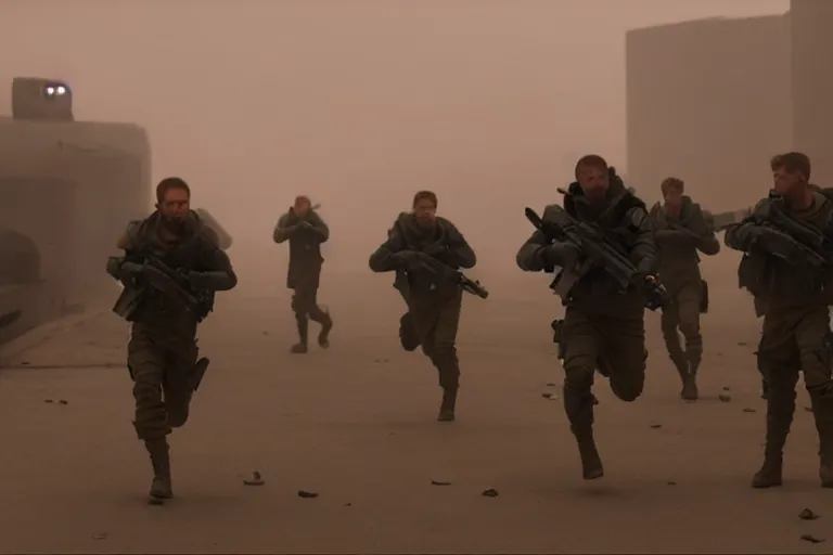 Image similar to vfx film, blade runner 2 0 4 9 futuristic soldiers shoot at enemy robots futuristic war, battlefield war zone, shootout, running, shooting, explosion, leaping, flat color profile low - key lighting award winning photography arri alexa cinematography, big crowd, hyper real photorealistic cinematic beautiful, atmospheric cool colorgrade