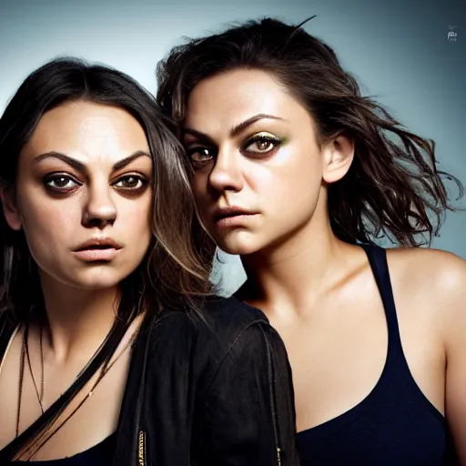 Image similar to Selfie photograph of Mila Kunis and Mila Kunis, light makeup, golden hour, 8k, photographed by Erwin olaf