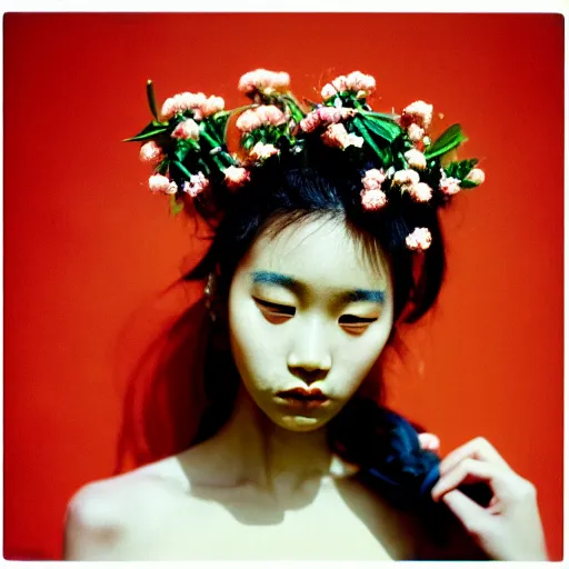 Prompt: extra close-up, color film photography, portrait of a beautiful woman with flowers on her head, in style of ren hang, 35mm, film photo