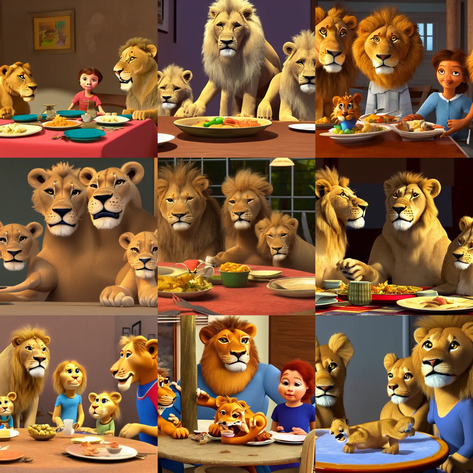 Prompt: pixar animation render of a family of lions sitting at the dinner table