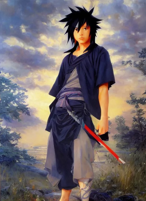 Image similar to sasuke uchiha by ivan shishkin and vladimir volegov and alexander averin and delphin enjolras