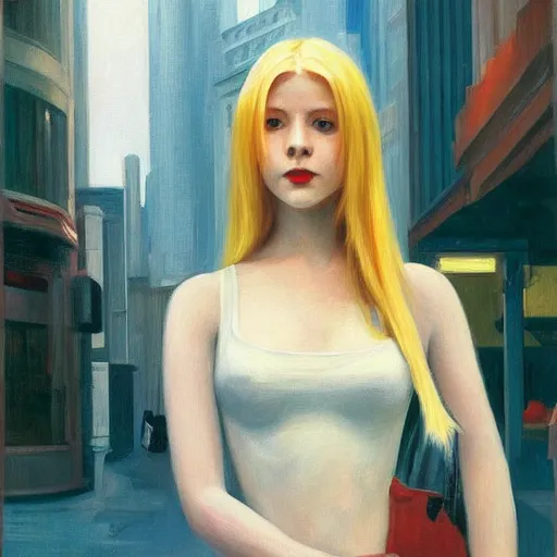 Prompt: Painting of a girl in a cyberpunk city, long blonde hair, delicate, pale milky white porcelain skin, by Edward Hopper. 8K. Extremely detailed.