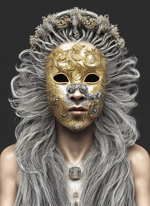 Image similar to hyperrealism, detailed textures, photorealistic symetrical japanese medusa queen portrait, silverplate, intricate, detailed facial animal mask, golden jewelery, silverplate, ultra realistic, cinematic, intricate, cinematic light by steve mccurry, unreal engine 8 k