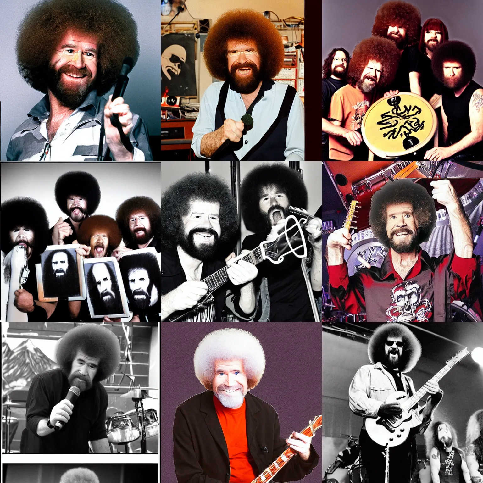 Image similar to Bob Ross performs in a Heavy Metal Band