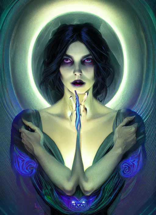 Image similar to book cover, front portrait, dark witch with black hood and evil eyes, realism, soft, smooth, luminescent, art nouveau tarot, backlit glow, colorful swirly ripples, gaudy colors, aesthetic octane render, unreal engine, 8 k, by artgerm, greg rutkowski, alphonse mucha