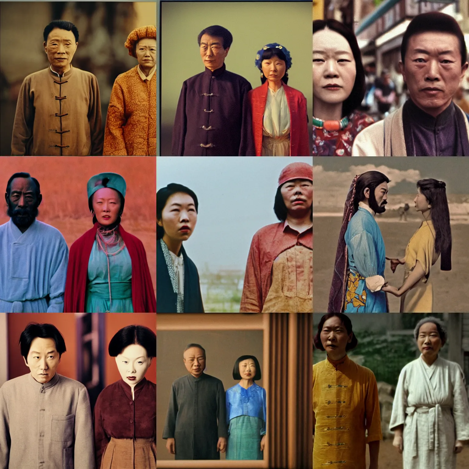 Prompt: a man and a woman standing next to each other, a colorized photo by gong kai, trending on flickr, cloisonnism, movie still, criterion collection, filmic