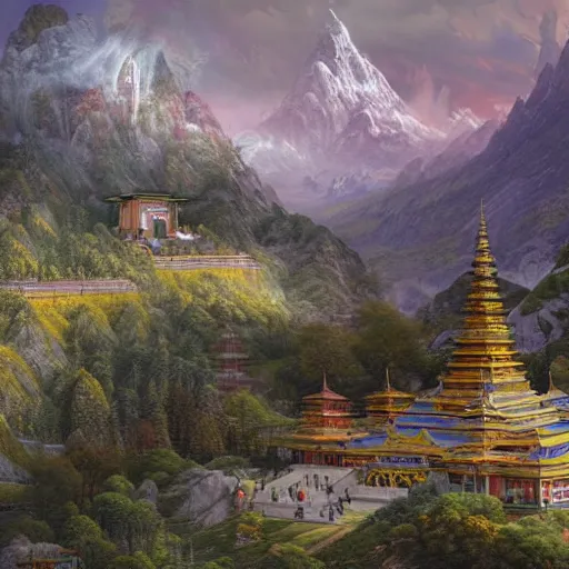 Prompt: a beautiful and highly detailed matte painting of a colorful buddhist temple in the distance high in the most epic mountains ever, intricate details, epic scale, insanely complex, 8 k, sharp focus, hyperrealism, very realistic, by caspar friedrich, greg rutowski, james gurney