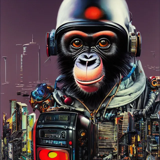 Image similar to a portrait of an anthropomorphic cyberpunk chimp in a crash helmet by sandra chevrier, detailed render, tape deck, boombox, epic composition, cybernetics, 4 k realistic, cryengine, realistic shaded lighting, sharp focus, masterpiece, by matteo scalera, gary montalbano, peter elson in the style of the tokyo ghost comic