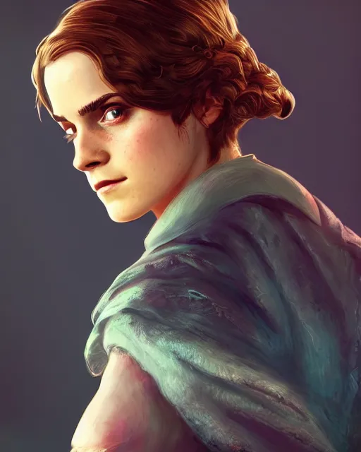 Image similar to bioshock portrait of emma watson, au naturel, hyper detailed, digital art, trending in artstation, cinematic lighting, studio quality, smooth render, unreal engine 5 rendered, octane rendered, art style by klimt and nixeu and ian sprigger and wlop and krenz cushart.