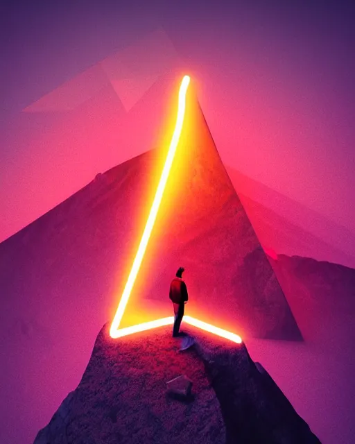 Image similar to a man standing in the middle of a mountain with a glowy neon triangle, a render by filip hodas, behance contest winner, environmental art, rendered in cinema 4 d, volumetric lighting