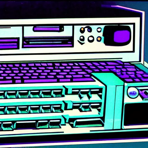 Image similar to A computer from the 90s in the style of vaporwave