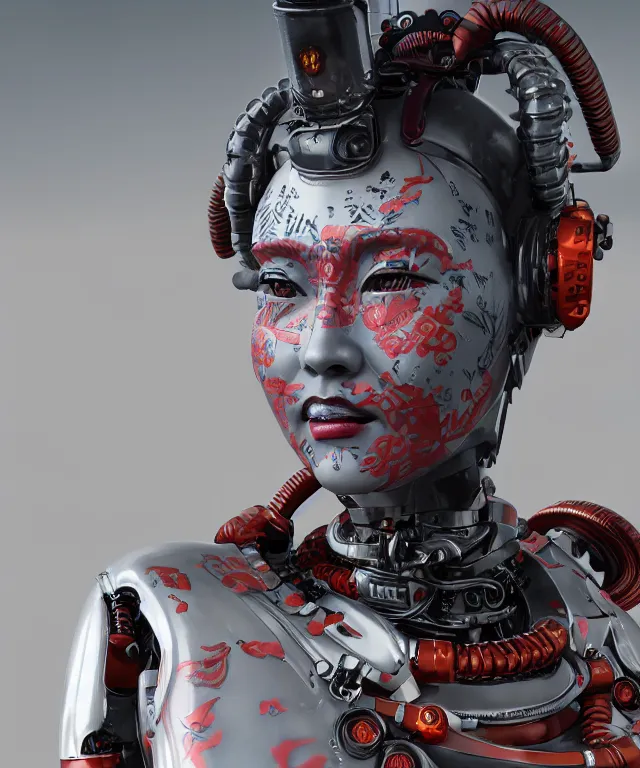 Prompt: an epic fantastic realism comic book style portrait painting of a japanese robotic geisha with kanji tattoos and decals, apex legends, octane render, intricate detail, 4 k hd, unreal engine 5, ex machina, irobot