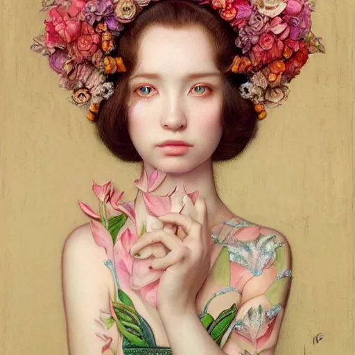 Image similar to princess girl, botanical, portrait face, colorful, kupka, long dress intricate, miles johnston, kuroda seiki, cynical realism, ozabu, john william godward, painterly, yoshitaka amano, moebius, miles johnston, louise zhang, james jean, mark ryden lowbrow pop surrealism art style