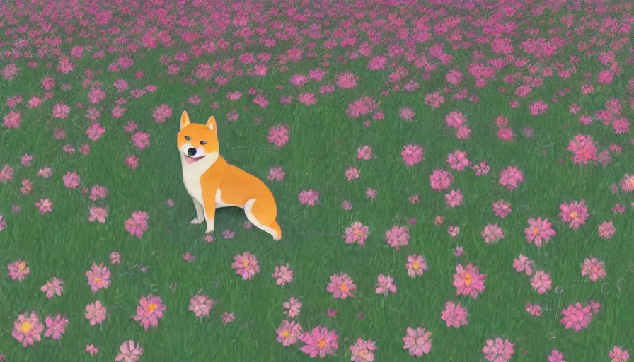 Prompt: a shiba inu standing on a field of flowers, studio ghibli, digital art, illustration, detailed, front page of artstation, sharp focus