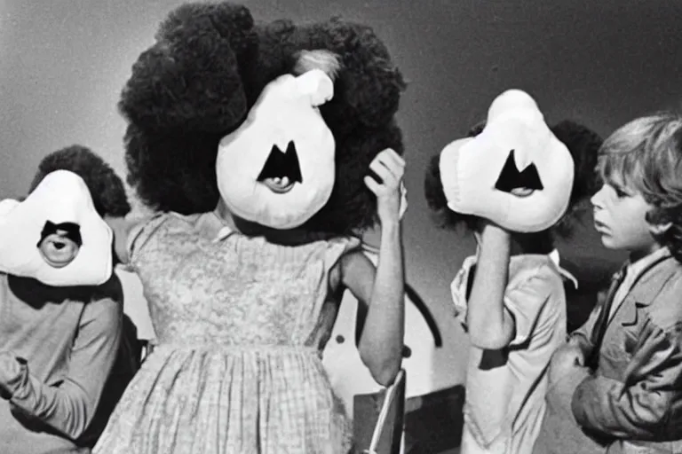 Prompt: still frame from a surreal 1975 children's tv show with people dressed as giant nostrils and sad cloud puppets