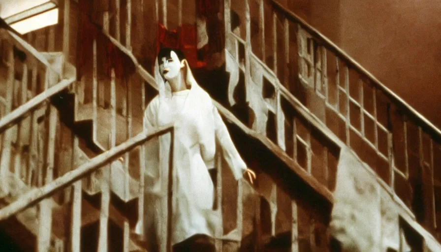 Image similar to 60s movie still of a white japanese female phantom bloody in an infinite stair, eastmancolor, heavy grain, high quality, higly detailed, liminal space