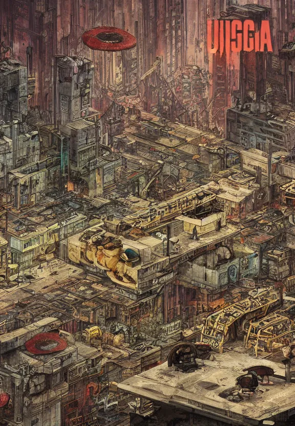 Image similar to [Underground colony with checkered flags, rust and brutalist buildings and little mushrooms. Propaganda poster, intricate, elegant, highly detailed, digital painting, artstation, concept art, matte, sharp focus, illustration, art by Enki Bilal and Moebius]