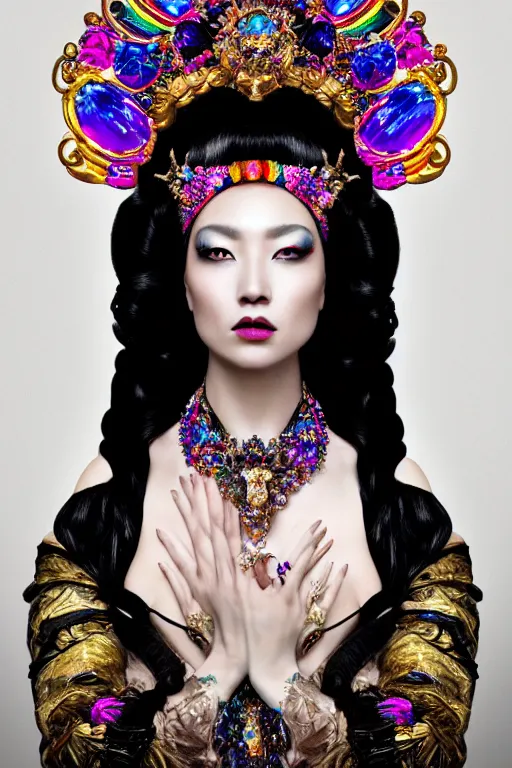 Image similar to a singular beautiful empress dramatic portrait, black hair, with a brilliant, impossible striking shiny big multi colored crystal headpiece, symmetrical, reflective surface, rainbow crystal clothes, rococo, baroque, jewels, asian, realistic, dramatic studio lighting, closeup, D&D, fantasy, intricate, elegant, highly detailed, digital painting, artstation, octane render, 8k, concept art, matte, sharp focus, illustration, art by Artgerm and Greg Rutkowski and Alphonse Mucha