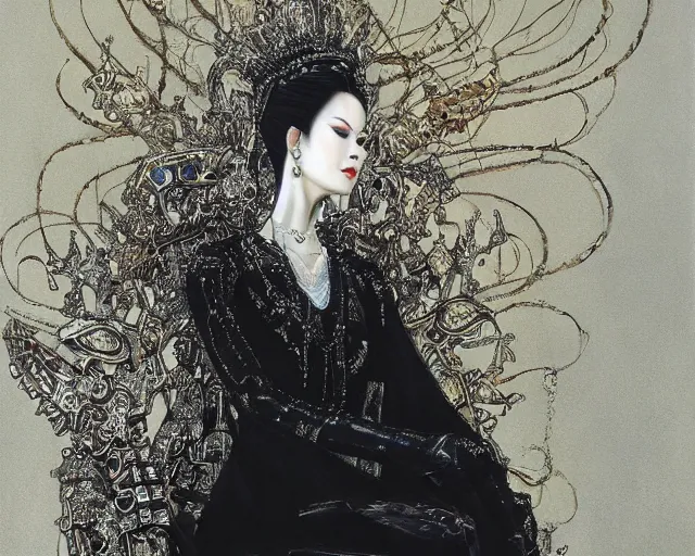 Prompt: an illustration of a queen wearing a beautiful black dress on a stone throne by yoshitaka amano, by katsuhiro otomo realistic, detailed, oil painting