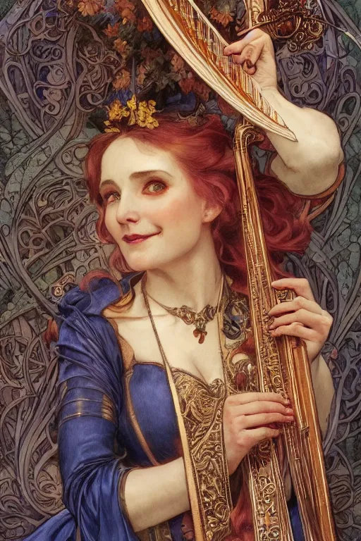 Prompt: a jester playing the harp, detailed full body portrait by james gurney and artgerm and Mucha, amazing detail, intricate, stunning inking lines, 4K, character design, concept art