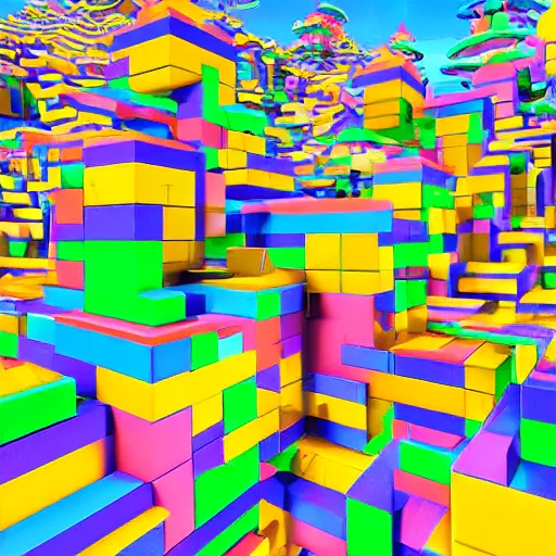 Image similar to futuristic city on a mountainside, colorful city, q - bert blocks, colorful blocks on hillside, 3 d blocks, cel - shading, cel - shaded, 2 0 0 1 anime, bright sunshine