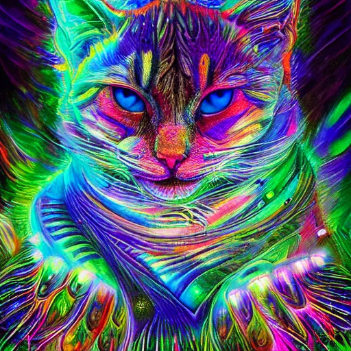 Image similar to a galaxy colored psychedelic chakra awakening kundalini ethereal portrait of a cat, eternal blessing, multiverse, by android jones, by ben ridgeway, visionary art, by artgerm, featured on artstation, cgsociety, by greg rutkowski