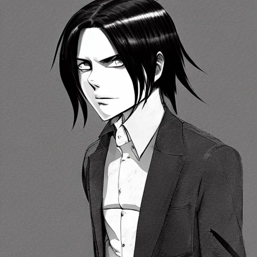 Image similar to Levi Ackerman, elegant, 2d, ultra highly detailed, digital painting, smooth, sharp focus, artstation, black and white art by Takehiko Inouei