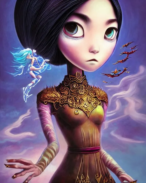 Image similar to an epic fantasy comic book style painting of a young malaysian woman, flying ice magician, lace, expressive, cold palette, dark piercing eyes, tan skin, beautiful futuristic hair style, awesome pose, character design by mark ryden pixar hayao miyazaki, ue 5