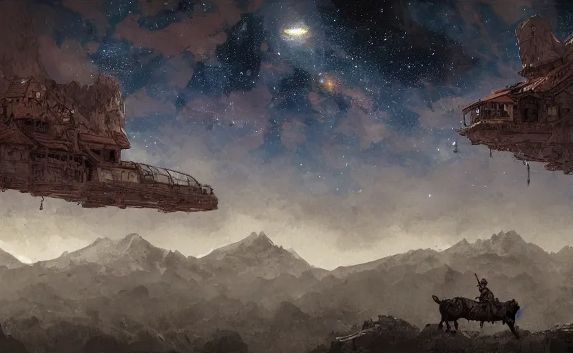 Prompt: mountains, stars and paisley filled sky, artstation, intricate, highly detailed, digital painting, concept art, sharp focus, illustration by Enki Bilal and Yoshitaka Amano