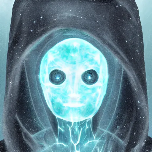 Prompt: award - winning. trending on artstation. 4 k. eerie tone. a faceless astral figure wearing a hooded cape made of the night sky with 1 dark blue glowing eye on its face. portrait.