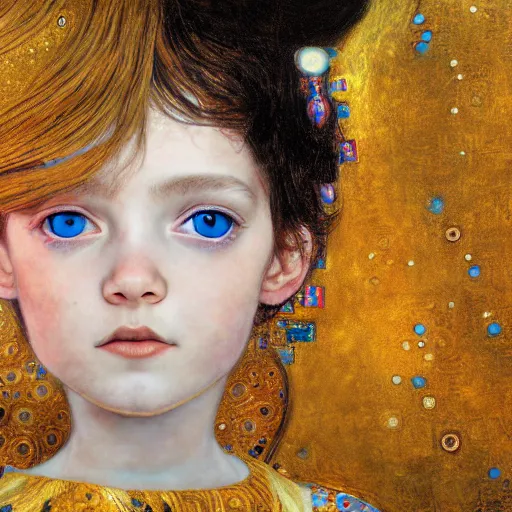 Prompt: girl black child blue eyes in front of a gustav klimt wallpaper by android jones, detailed matte painting, 8k resolution