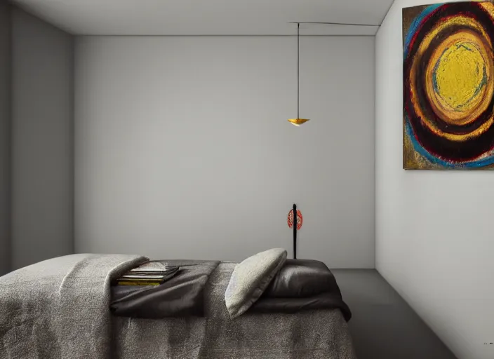 Prompt: a room, vincent lefevre and pat steir and hilma af klint, psychological, photorealistic, dripping paint, washy brush, rendered in octane, altermodern, masterpiece