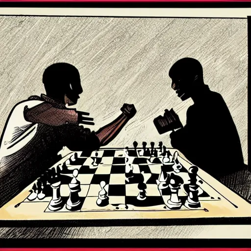 Image similar to dream and desire playing a match of chess, comic art