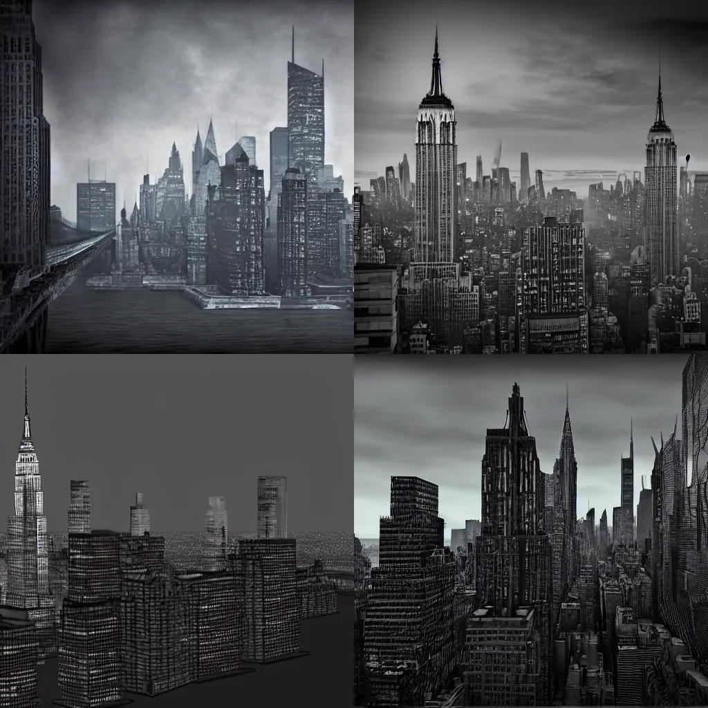 Prompt: New York City skyline by HR Giger, gothic, atmospheric, rendered by cryengine