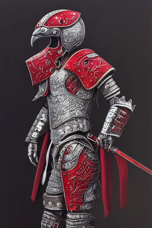 Image similar to A set of armor, intricate, Silver, red, ruby, empty, falcon-themed, acrylic painting, trending on artstation, artstationHD, artstationHQ