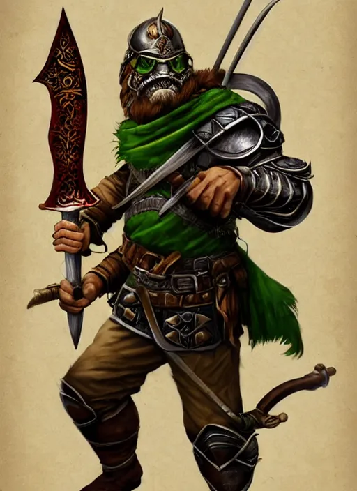 Image similar to strong young man, photorealistic bugbear ranger holding a flaming sword, black beard, dungeons and dragons, pathfinder, roleplaying game art, hunters gear, jeweled ornate leather and steel armour, concept art, character design on white background, by alan lee, norman rockwell, makoto shinkai, kim jung giu, poster art, colours red and green